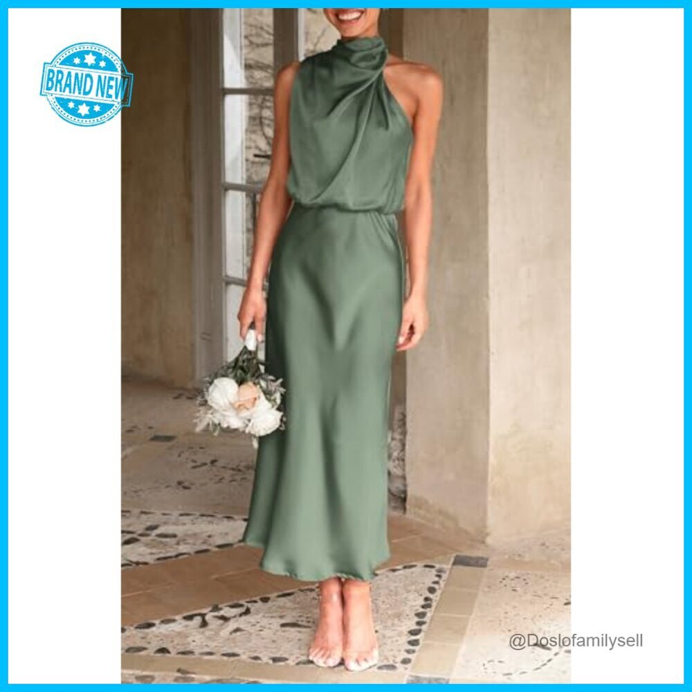 Elegant Satin Maxi Dress Mock Neck Sleeveless Cocktail Party Formal Wear - Picture 5 of 7